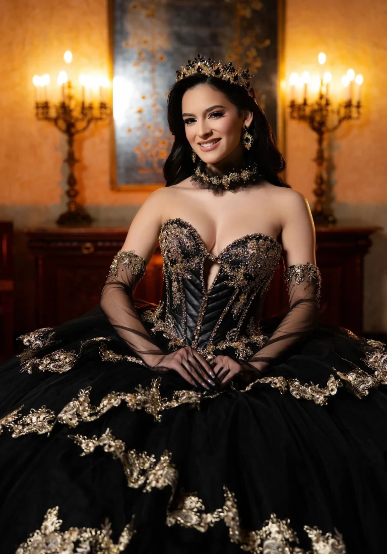 Quinceañera Fall Gown Black Gold